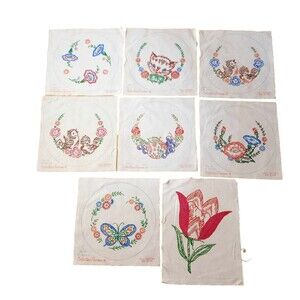 Lot of 8 Vtg Stamped Cross Stitch Embroidery Doily Patterns 9x9 Floral Birds Cat